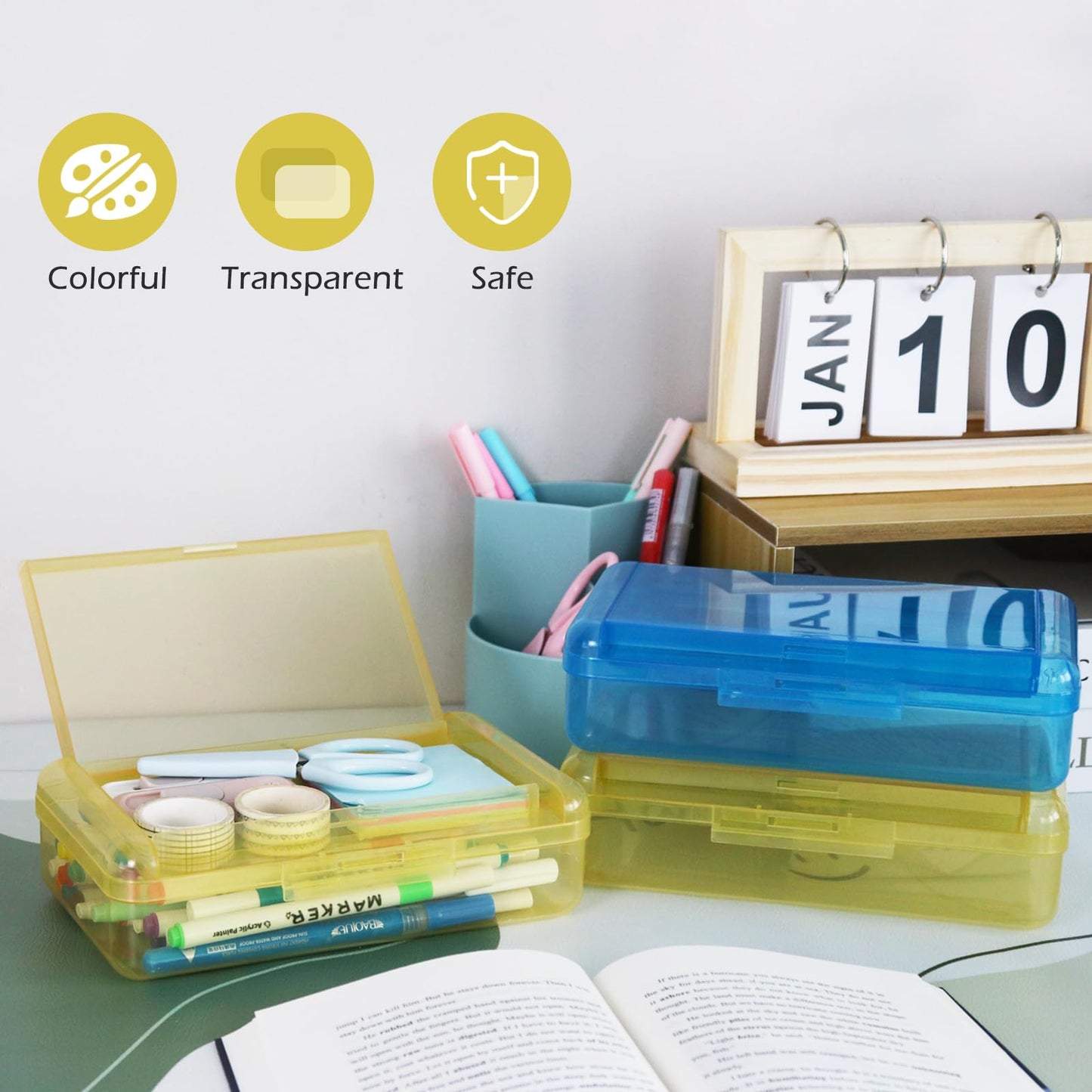 Double Layer Plastic Clear Hard Colored Pencil Box Case Pen Crayon Box