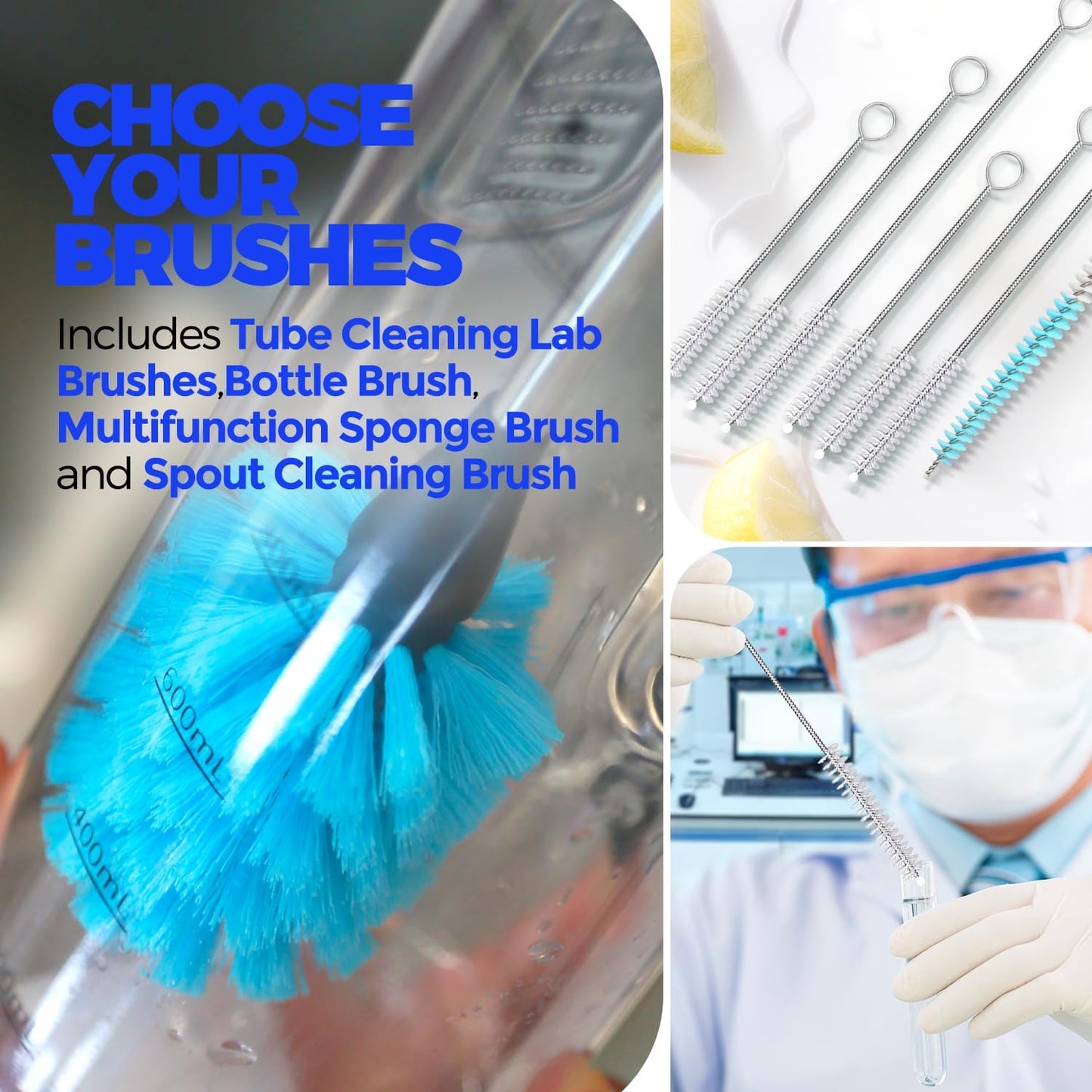 Holikme Bottle Brush Tube Cleaning Lab Set with Long Handle,White