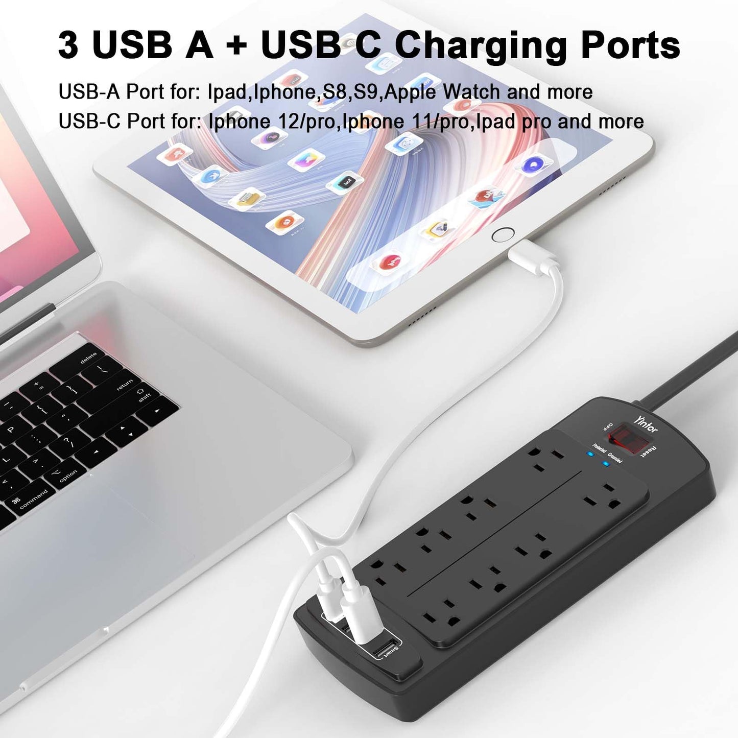 Yintar 6Ft Surge Protector Power Strip with 8 Outlets and 4 USB Ports
