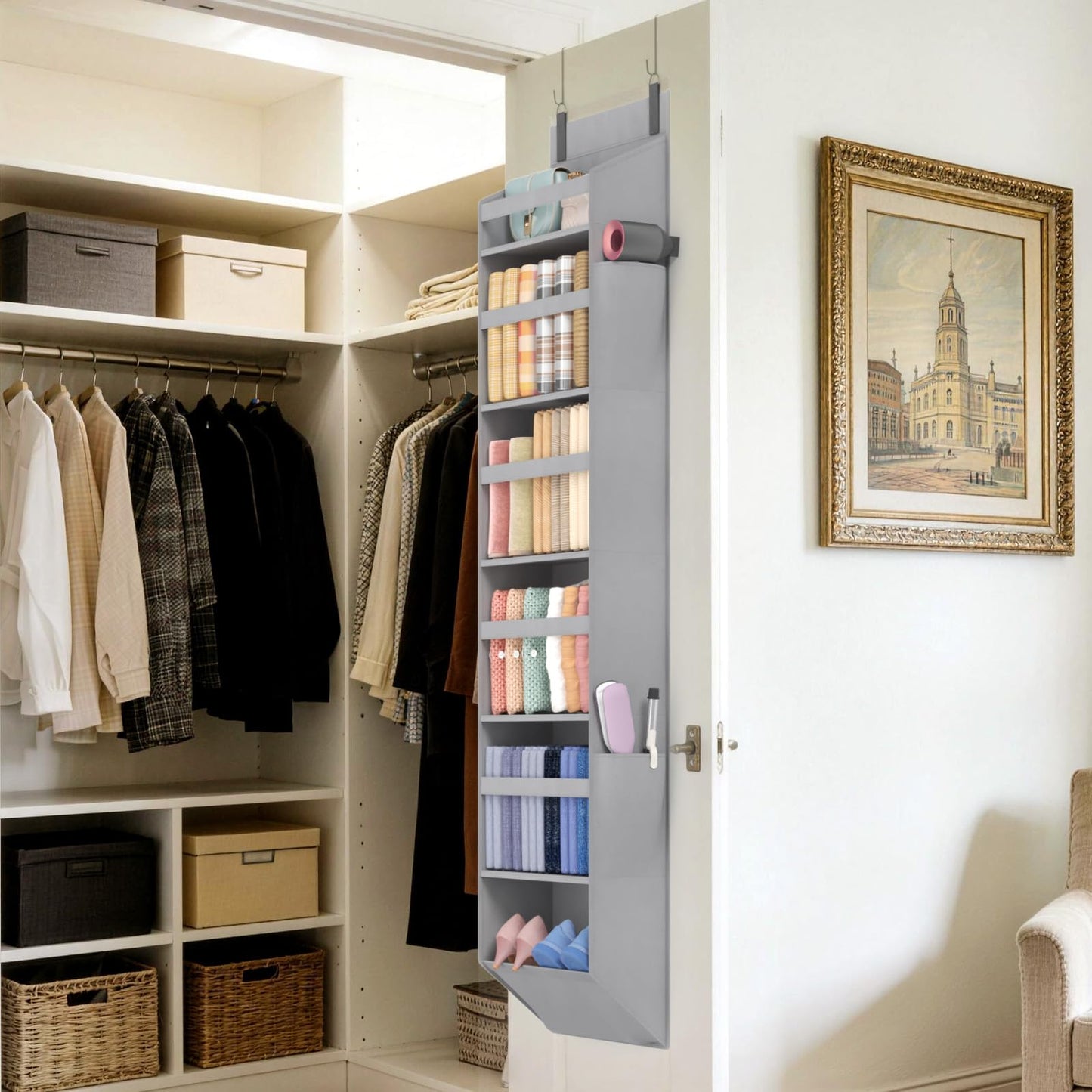Lifewit 1 Pack Over the Door Organizer, 5 Section Hanging Storage, Beige