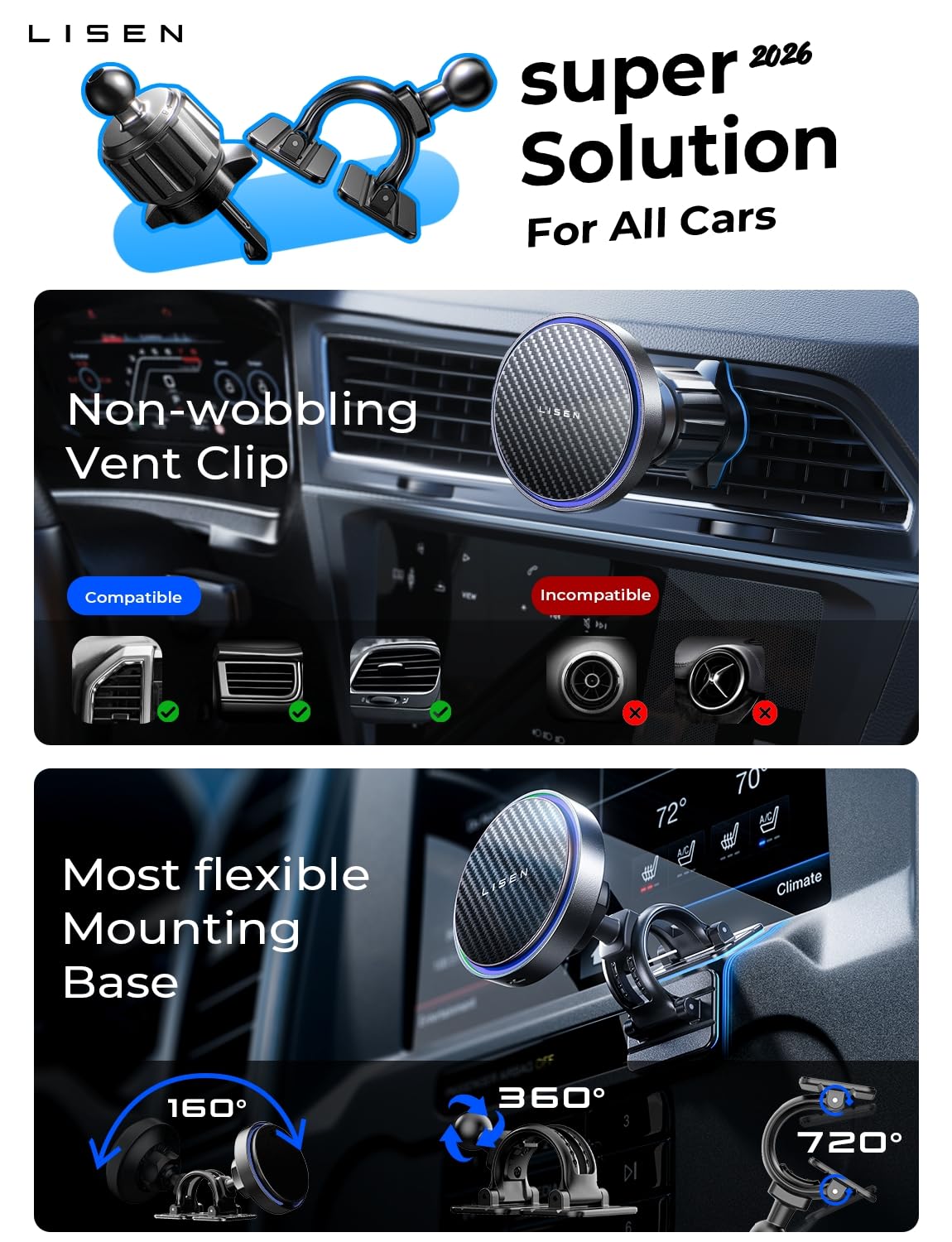 LISEN 15W MagSafe Car Mount Charger, Magnetic Phone Holders for Your Car