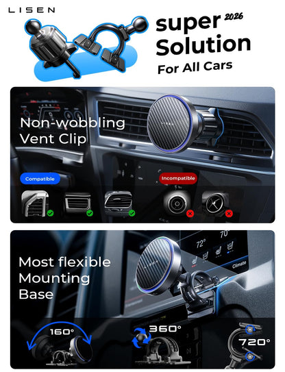 LISEN 15W MagSafe Car Mount Charger, Magnetic Phone Holders for Your Car