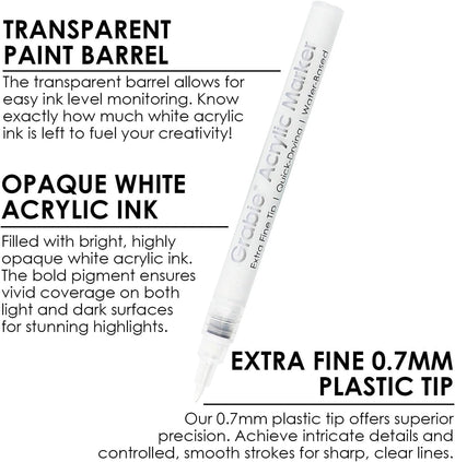 Grabie 6 White Acrylic Paint Markers, 0.7 mm Extra Fine Tip