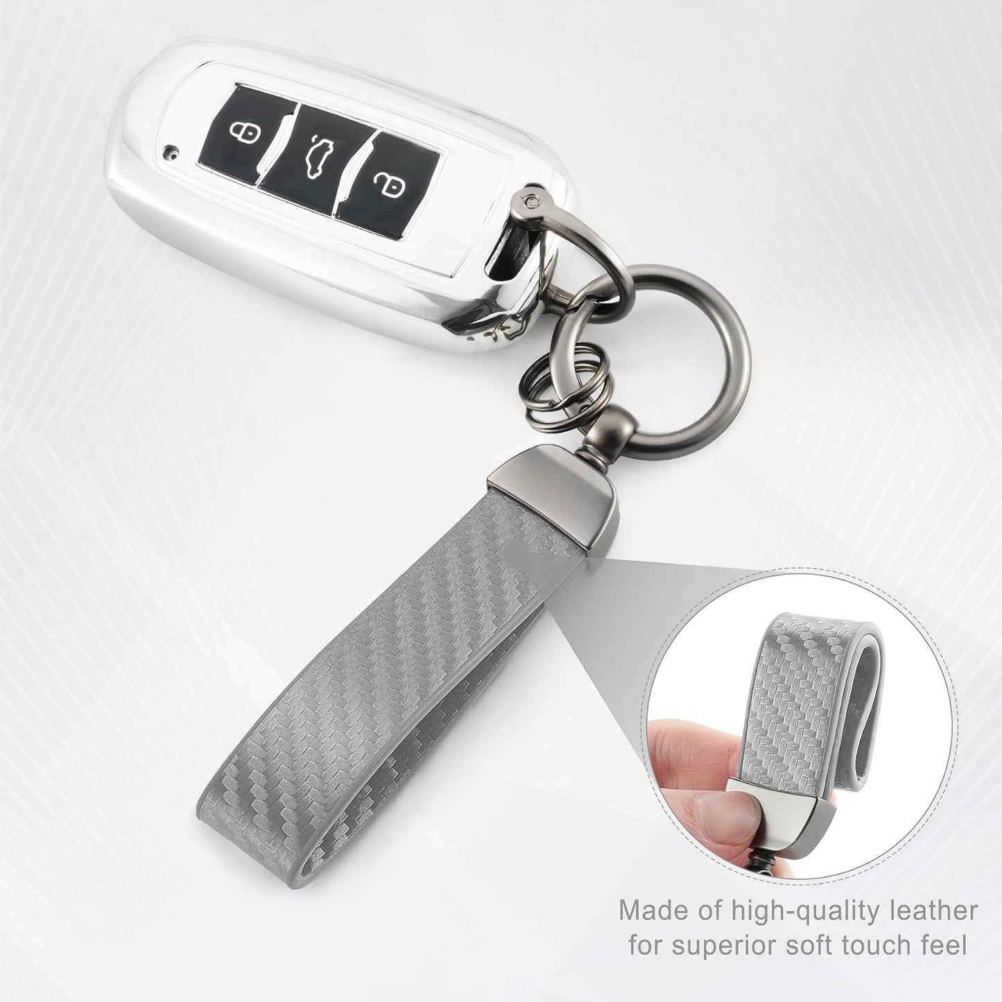 JUSTTOP Leather Keychain, Carbon Fiber Car Key Chain with Anti-Lost D-Ring and 2 Key Ring, Keychain Wristlet, Car Accessories, Universal Keychain for Men and Women (Black)