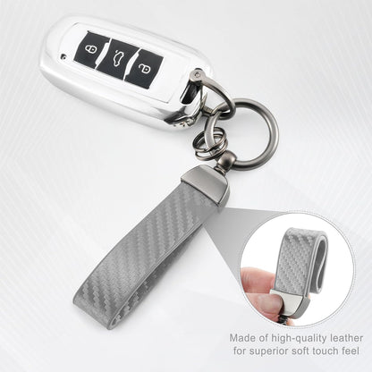 JUSTTOP Leather Keychain, Carbon Fiber Car Key Chain with Anti-Lost D-Ring and 2 Key Ring, Keychain Wristlet, Car Accessories, Universal Keychain for Men and Women (Black)