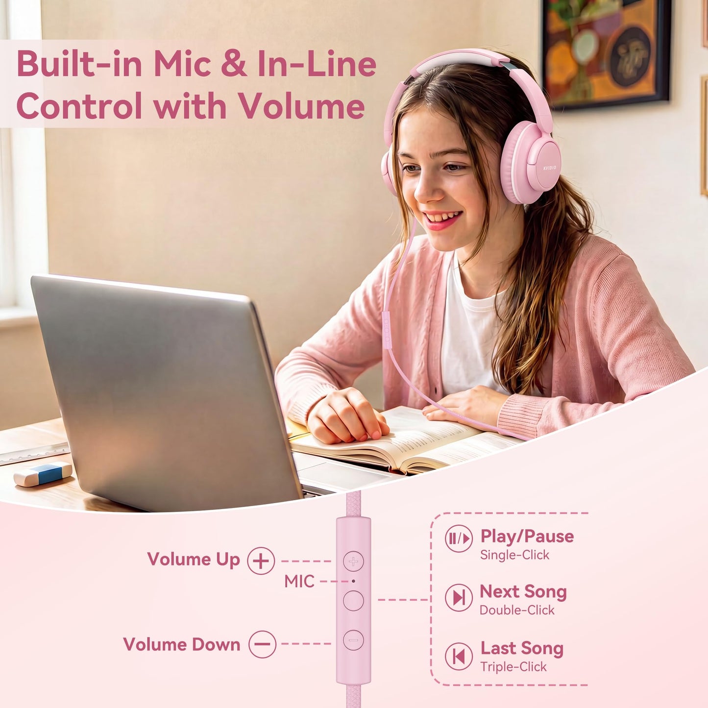 Wired Headphones with Mic, 3.5mm Headphones Volume Control for School Blue