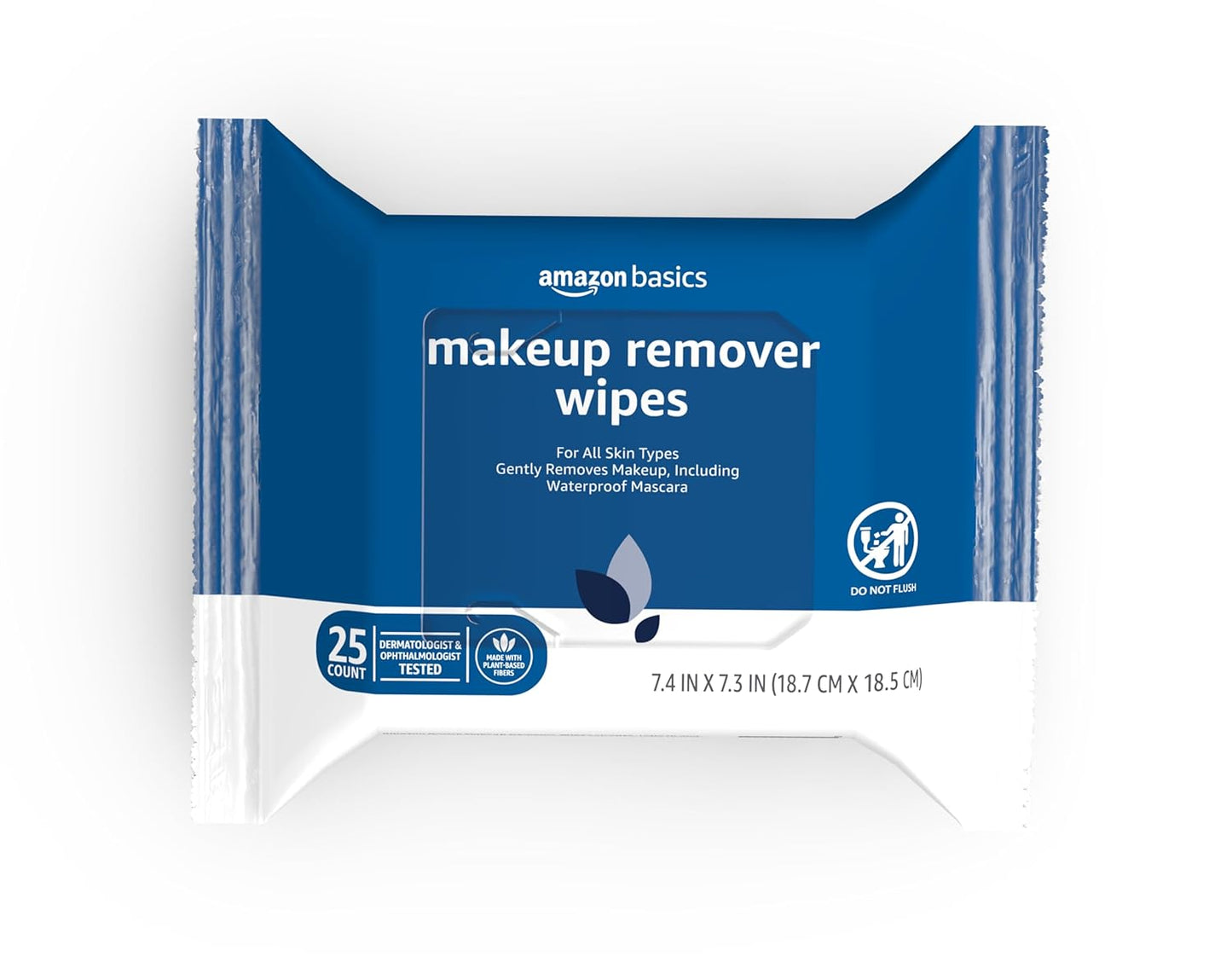Amazon Basics Makeup Remover Wipes, Fragrance-Free, Alcohol-Free, Gentle Cleansing, Plant-Based, Dermatologist Tested, Removes Waterproof Mascara, Resealable, 25 Count, 1-Pack