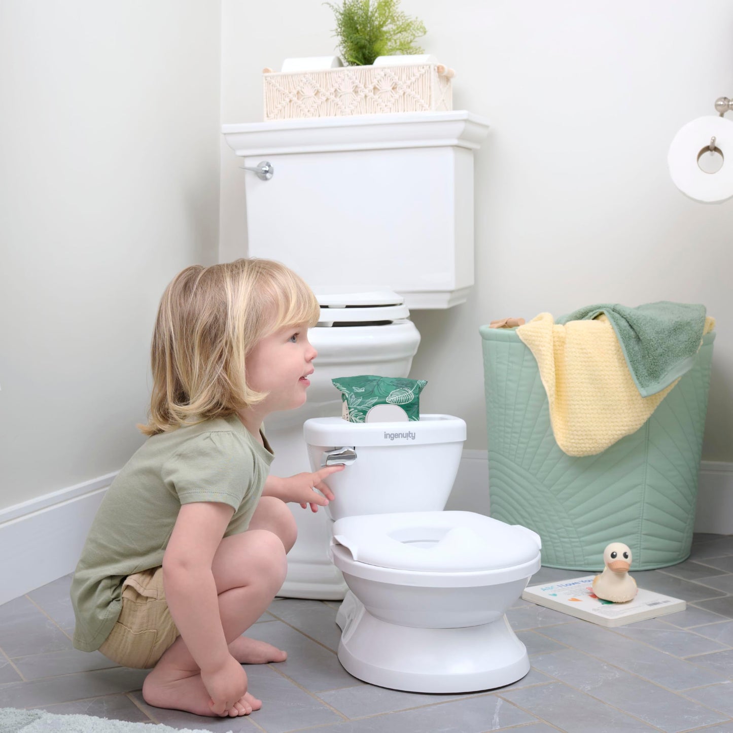 Ingenuity My Size Potty Pro 2-in-1 Potty Training Toilet, Floor Potty with Removable Potty Seat for Standard Toilets, Realistic Flushing Sound, for Toddlers Ages 18+ Months, Up to 50 lb