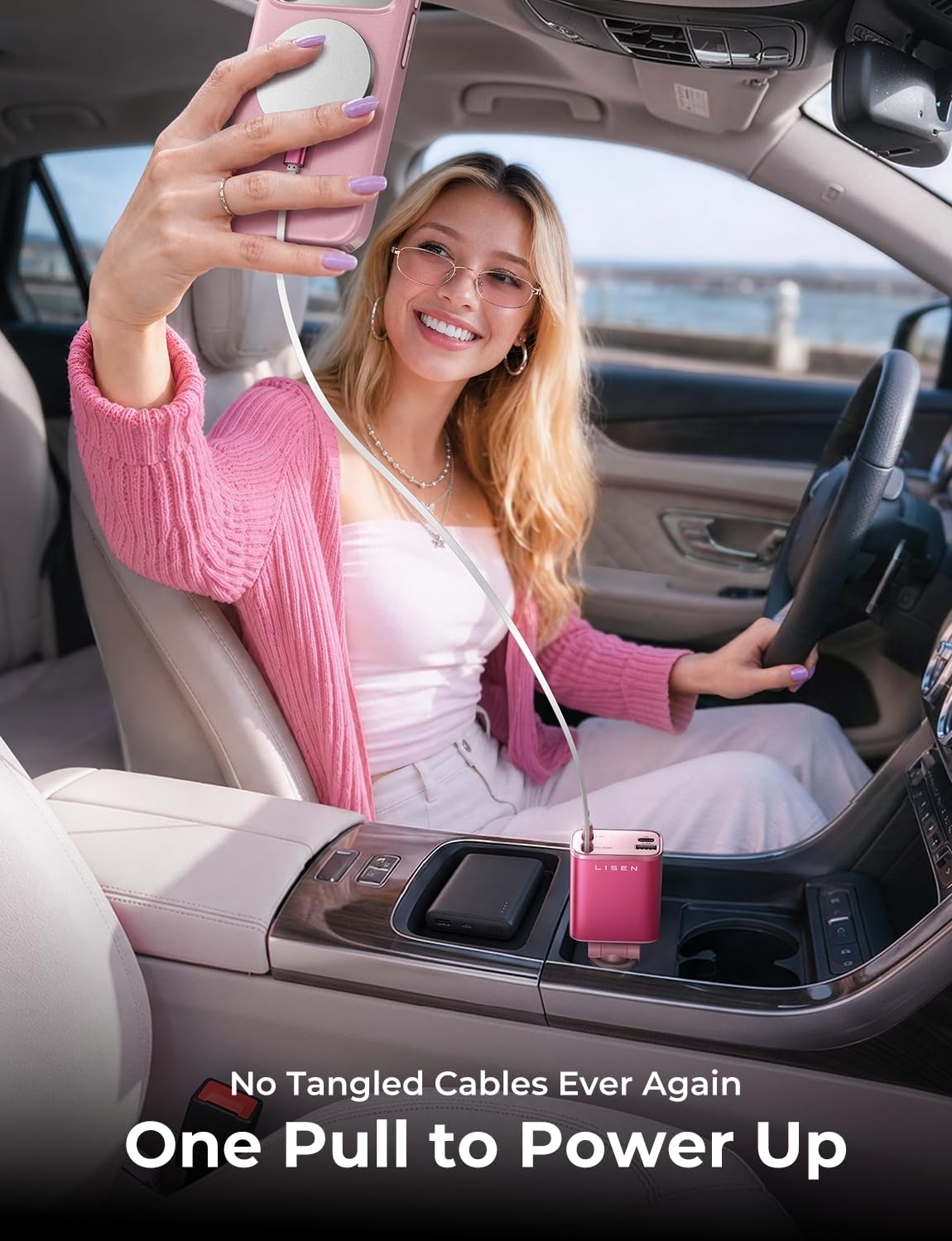 LISEN Retractable Car Charger, 84W Car Charger USB C Fast Charge, 4 in 1