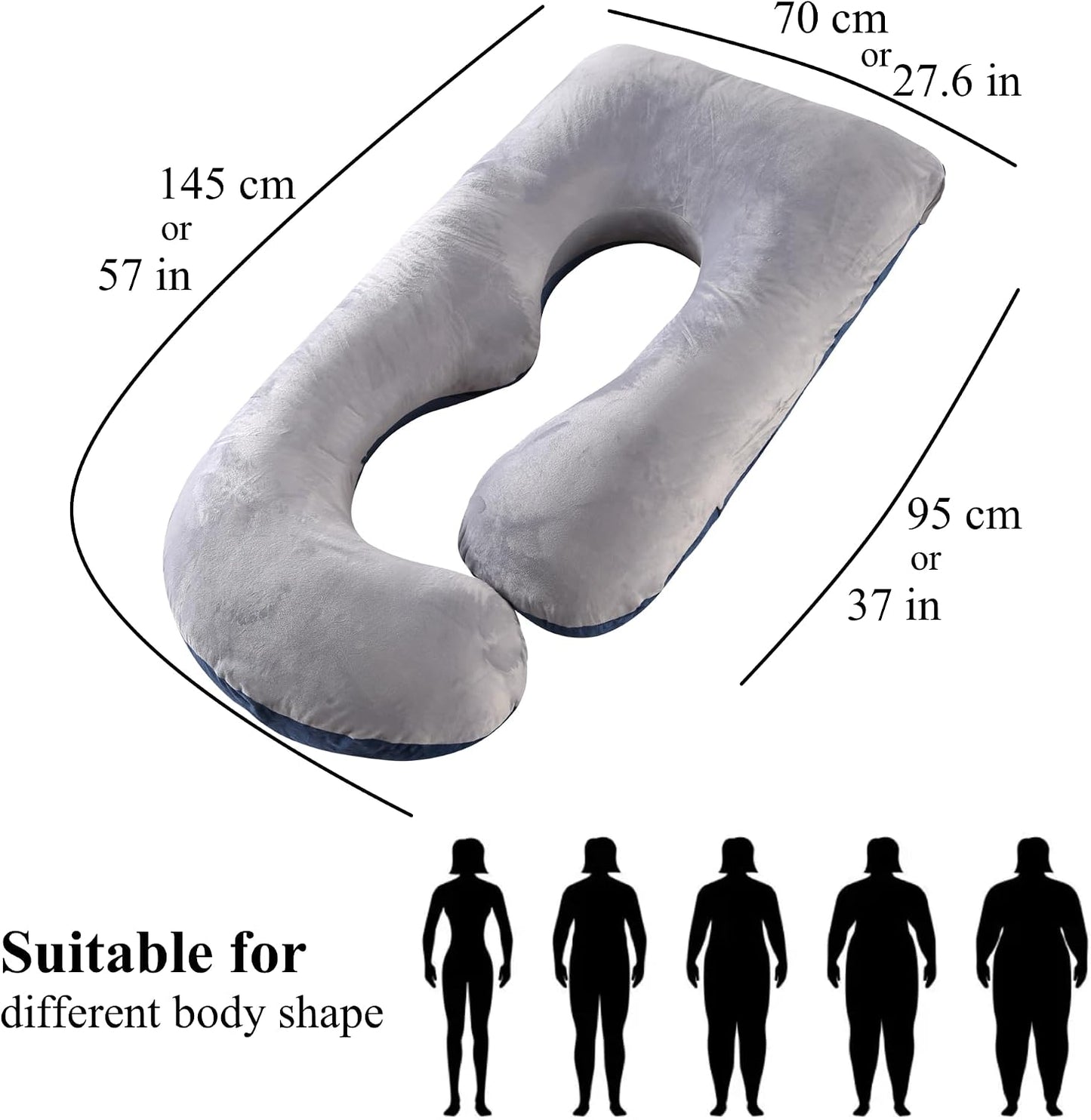 ALLOPERA Pregnancy Pillow, Full Body Maternity Pillow 57 inch, with Removable Washable Cover - Sleep Support for Legs, Back, Neck, Shoulder, HIPS, Belly, Velvet Cover-Grey-Dark Blue
