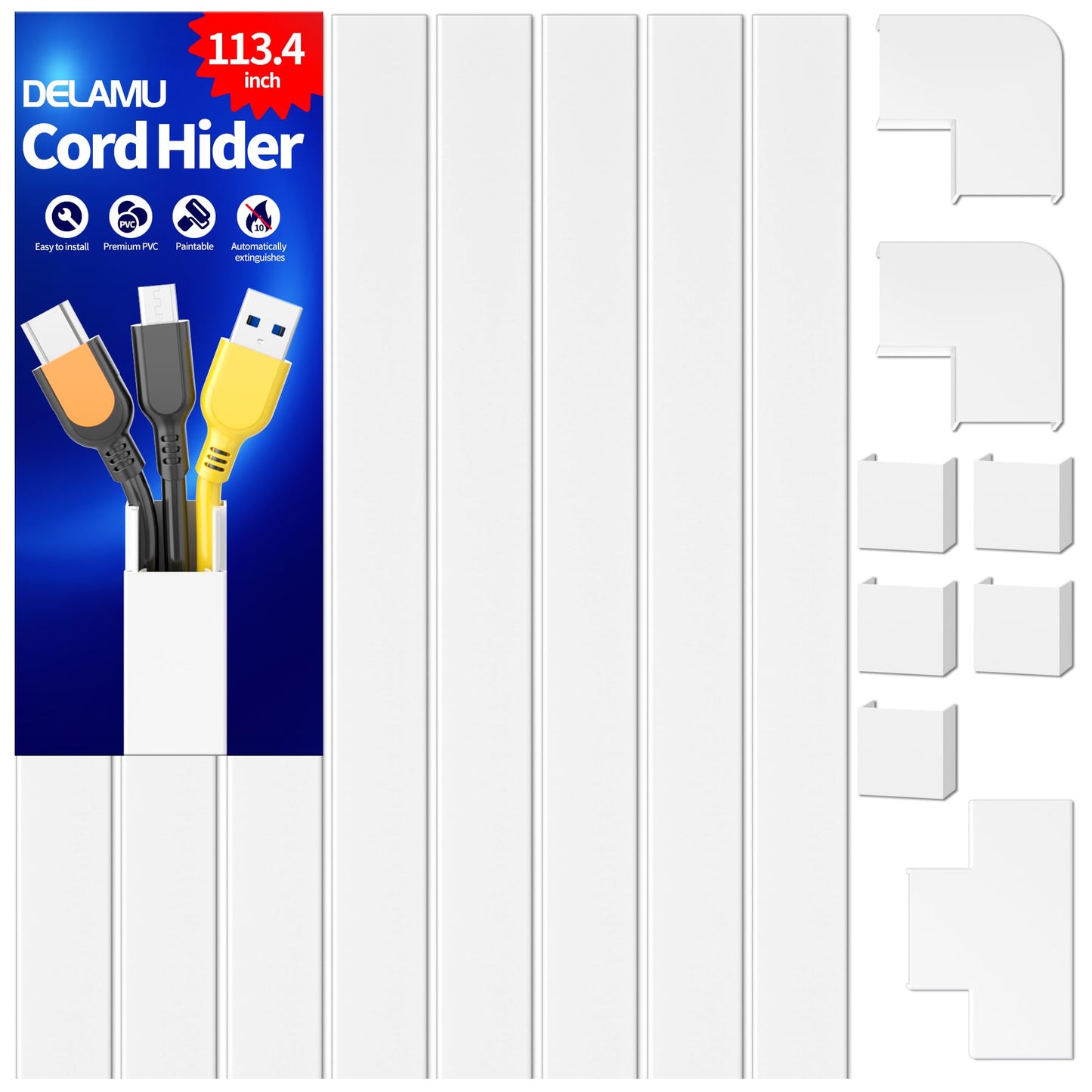 Wire Hider, 157in Delamu Cord Hider Wall, Paintable Wire Covers for Cords, TV Cable Hider Wall Kit, Cable Covers Raceway, Cable Management Hide TV Cords for Wall Mount TV, 10XL15.7 W0.95 H0.55in Brown