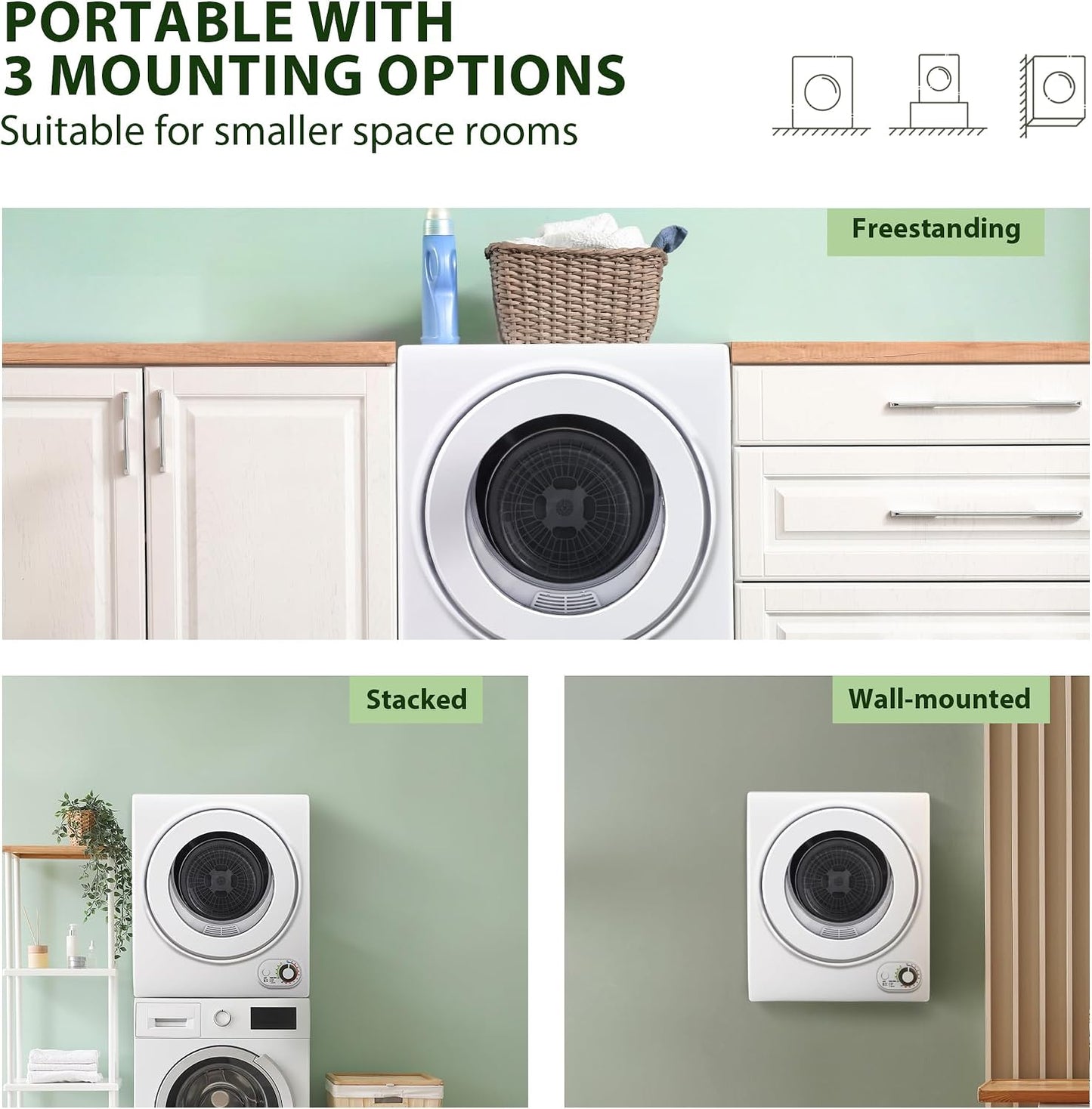 Euhomy Portable Clothes Dryer for Laundry, 1.5 Cu. Ft. Small Portable Dryers for Clothes, 120V Electric Dryer with Stainless Steel Drum, 850W Dryer Machine for Apartments, White