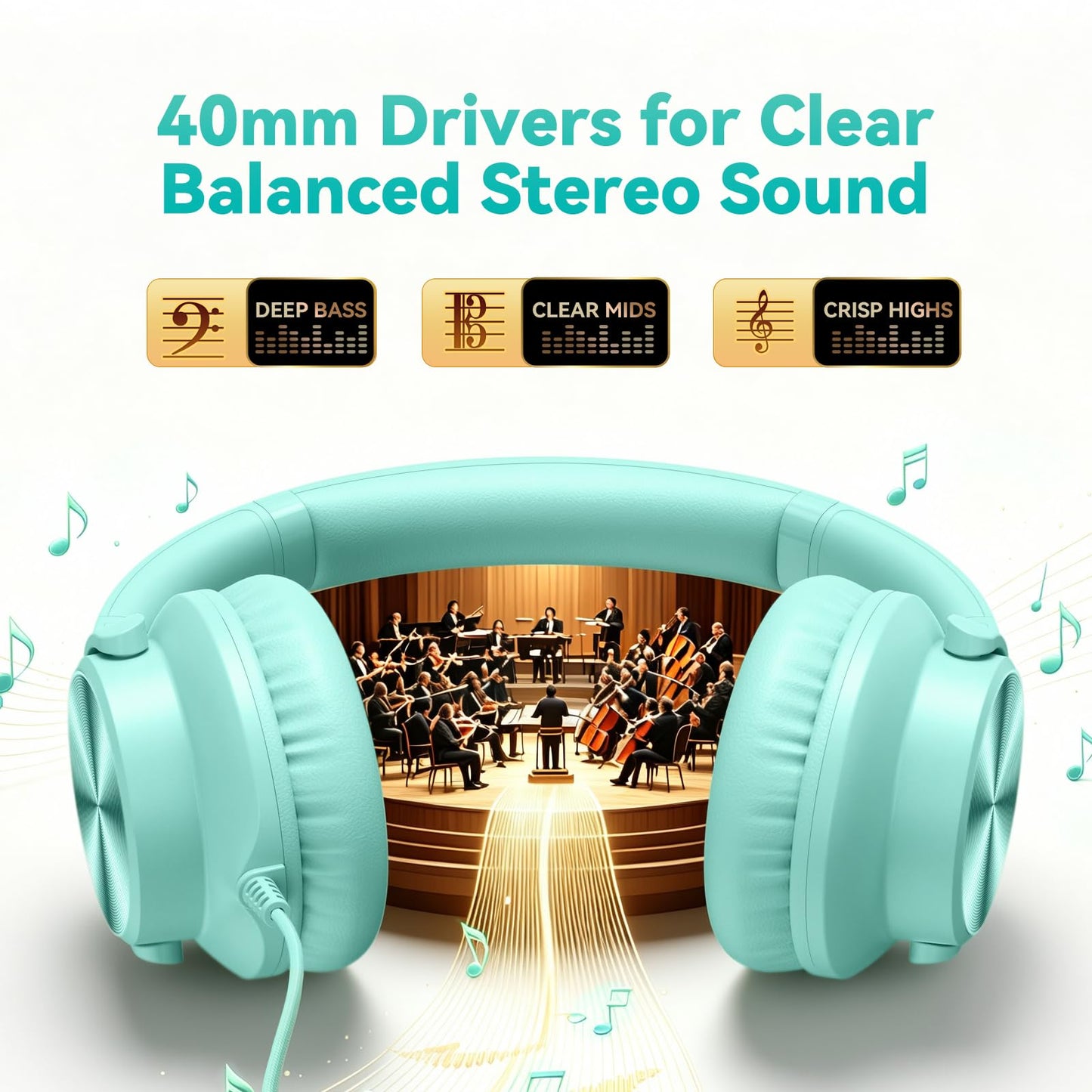 Wired Headphones with Mic, Over-Ear 3.5mm Corded Headphone for School Black
