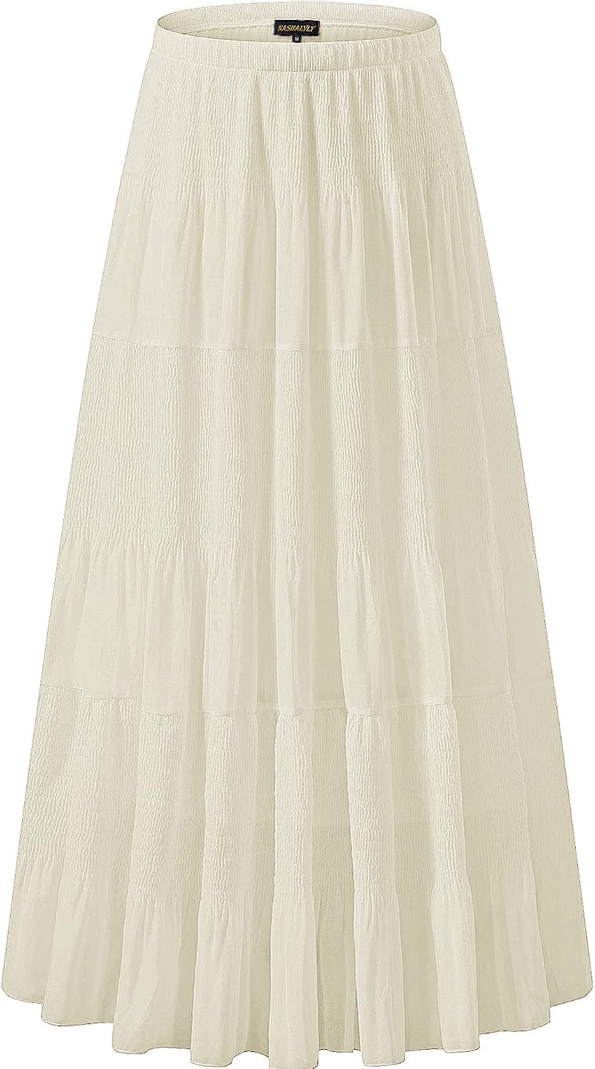 NASHALYLY Women's Chiffon Elastic High Waist Pleated A-Line Maxi Skirts