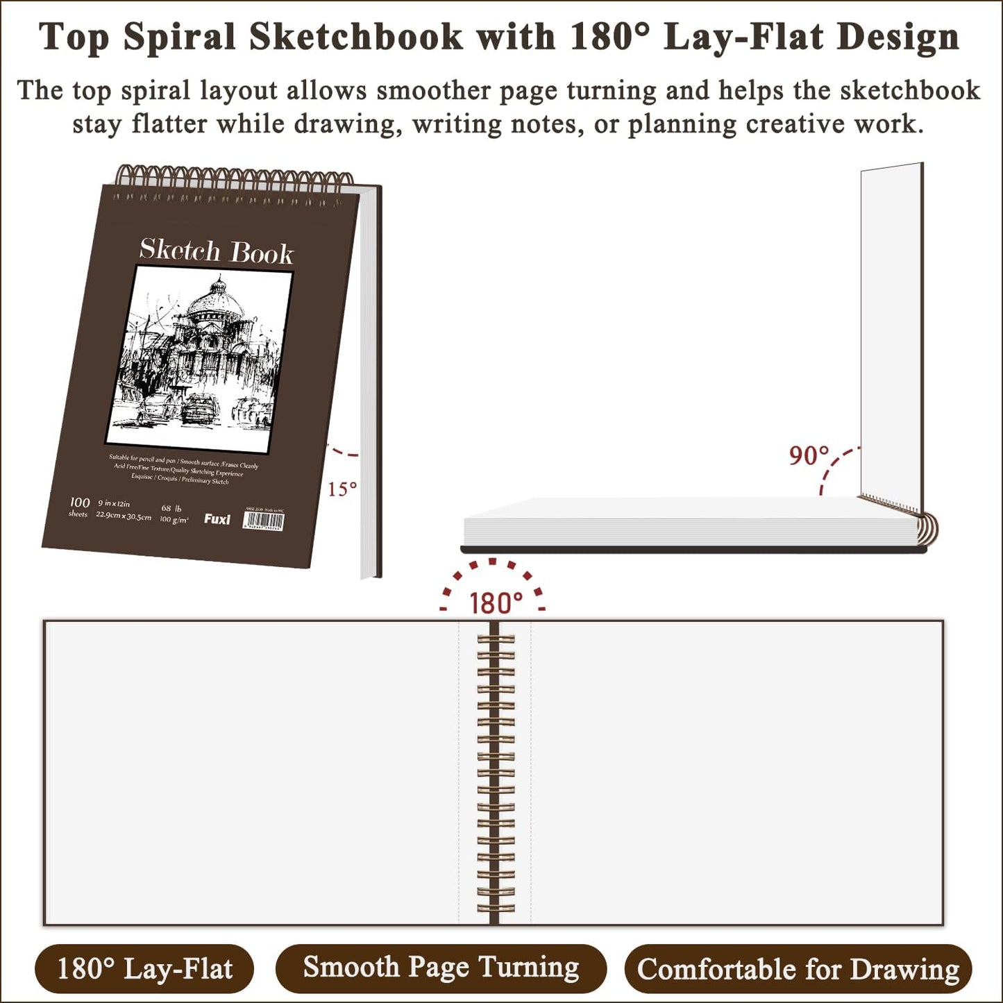 Fuxi 9" x 12" Sketch Book_Top Spiral Bound Sketchbook_100Sheets 68lb/100gsm