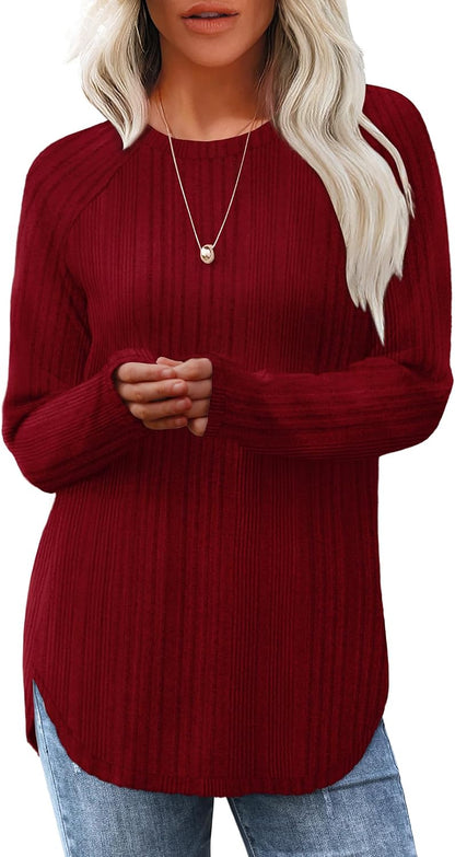 Saloogoe Long Sleeve Shirts for Women 2026 Fall Clothes Tunic Tops Loose Fit Dressy Crewneck Pullover Sweaters Curved Hem