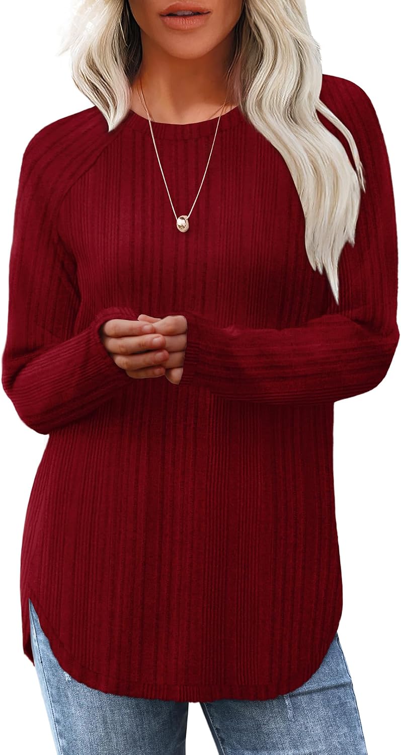 Saloogoe Long Sleeve Shirts for Women 2026 Fall Clothes Tunic Tops Loose Fit Dressy Crewneck Pullover Sweaters Curved Hem