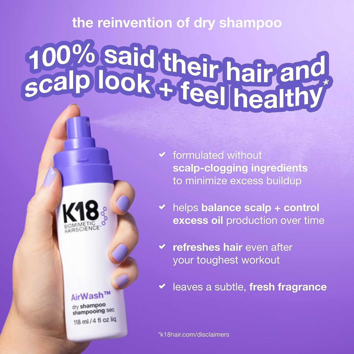 K18 AirWash™ Dry Shampoo, Non-Aerosol, Balances Scalp & Controls Excess Oil Production