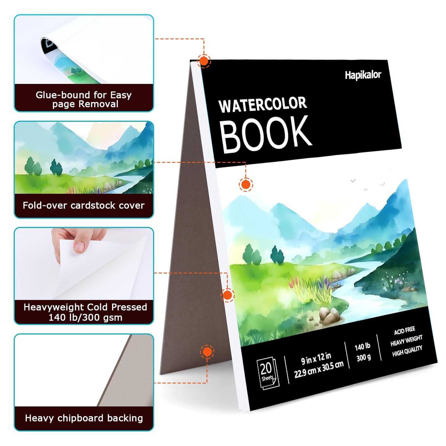 Hapikalor Watercolor Paper Pad, 9"x12" Water Color Paper, 140lb/300gsm Teal