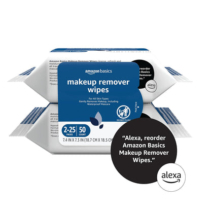 Amazon Basics Makeup Remover Wipes, Fragrance-Free, Alcohol-Free, Gentle Cleansing, Plant-Based, Dermatologist Tested, Removes Waterproof Mascara, Resealable, 25 Count, 1-Pack
