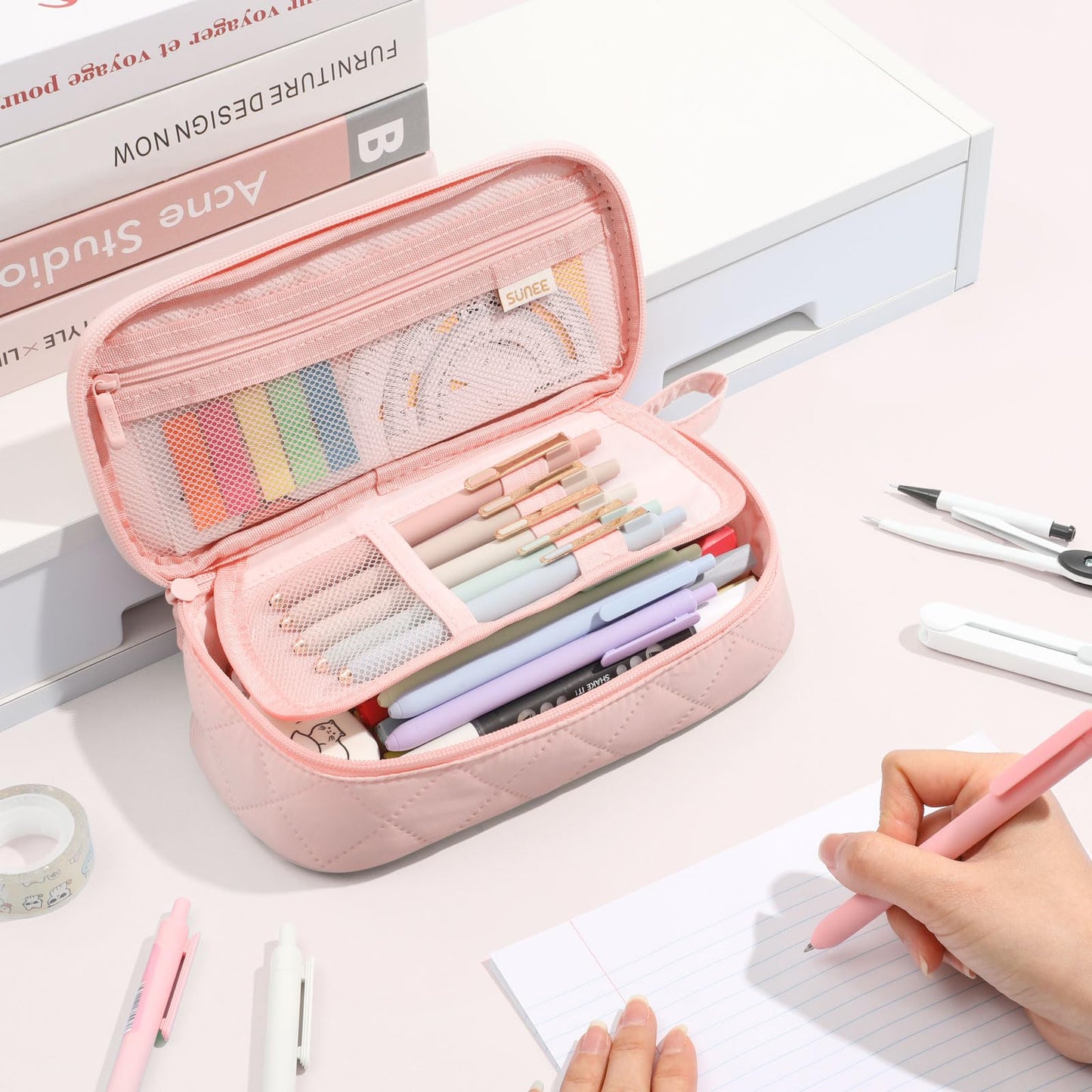 SUNEE Cute Pencil Case, Soft Corduroy Large Capacity Pencil Pouch, Aesthetic Zipper Pencil Bag, Big Storage Pen Organizer for Stationery, Pencil Box Back to School Supplies for Teen Girls Boys, Beige