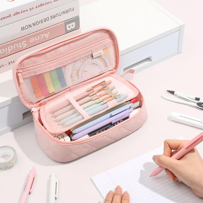 SUNEE Cute Pencil Case, Soft Corduroy Large Capacity Pencil Pouch, Aesthetic Zipper Pencil Bag, Big Storage Pen Organizer for Stationery, Pencil Box Back to School Supplies for Teen Girls Boys, Beige