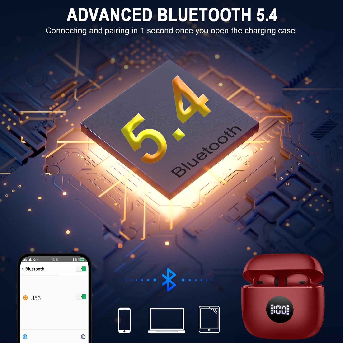 Wireless Earbuds, Bluetooth 5.4 Ear Buds, LED Power Display, 6D Bass Stereo