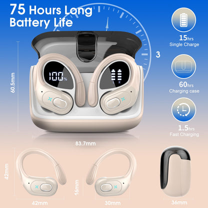 Wireless Earbuds 75H Bluetooth 5.4 Sport Headphones with Earhooks, Black