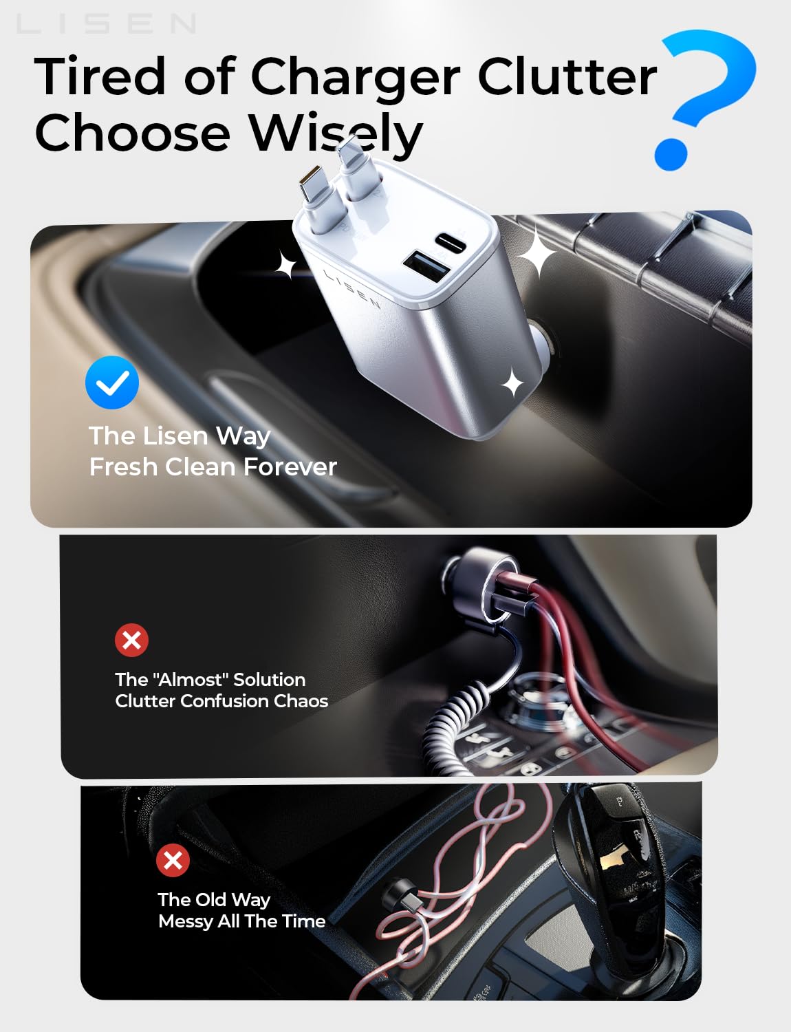 LISEN Retractable Car Charger, 84W Car Charger USB C Fast Charge, 4 in 1
