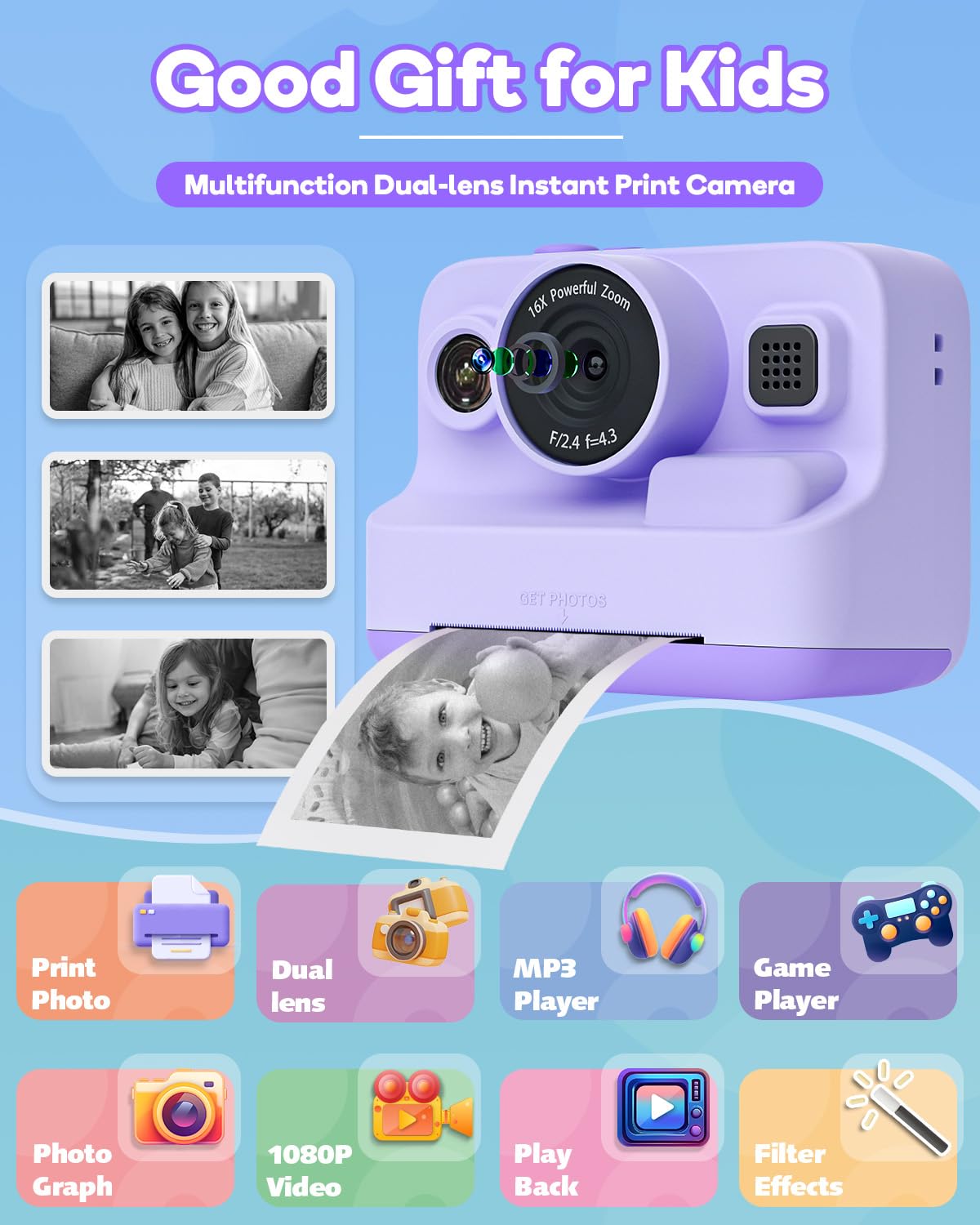 Dylanto Kids Camera Instant Print,1080P Kids Instant Cameras that Print Photos,Christmas Birthday Gifts for Girls Age 3-12,Portable Toy for 3 4 5 6 7 8 9 10 Year Old Girls Boys Pink