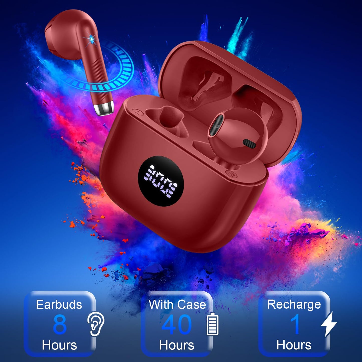 Wireless Earbuds, Bluetooth 5.4 Ear Buds, LED Power Display, 6D Bass Stereo