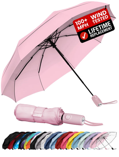 Windproof Travel Umbrella - Compact & Withstands Winds up to 100MPH, Strongest Premium Auto Folding Umbrella for Rain and Sun - Durable, Light & Portable for Women & Men, Fits Backpack & Cars