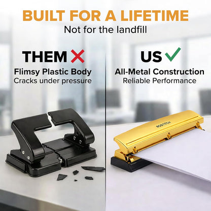 Bostitch Office Premium 3 Hole Punch, 12 Sheet Capacity, Metal, Rubber Base, Easy-Clean Tray, Silver