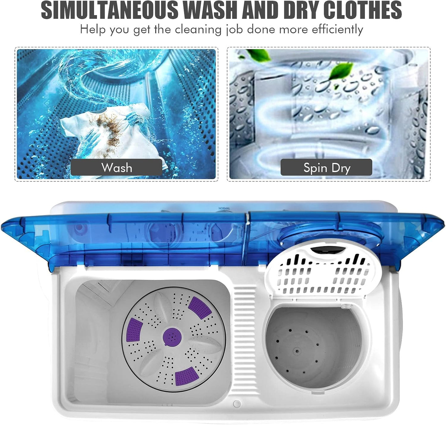 COSTWAY Portable Washing Machine, Twin Tub 26lbs Capacity Laundry Washer, 18lbs Washer and 8lbs Spinner Combo with Timer Knobs, Built-in Drain Pump, Compact Washer for Home Dorm Apartment, Blue+White