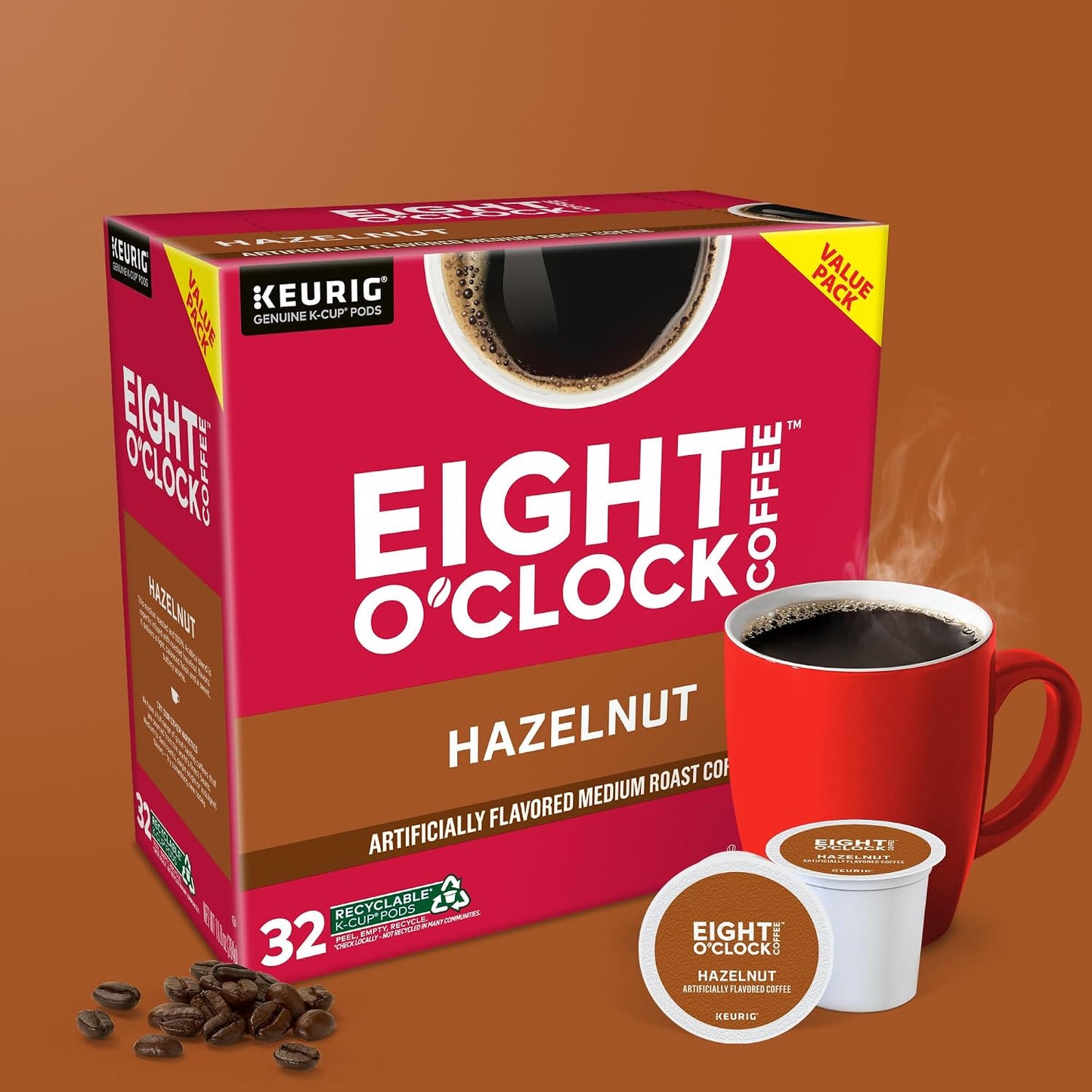 Eight O'Clock Coffee Hazelnut, Single-Serve Keurig K-Cup Pods, Flavored Medium Roast Coffee Pods, 96 Count