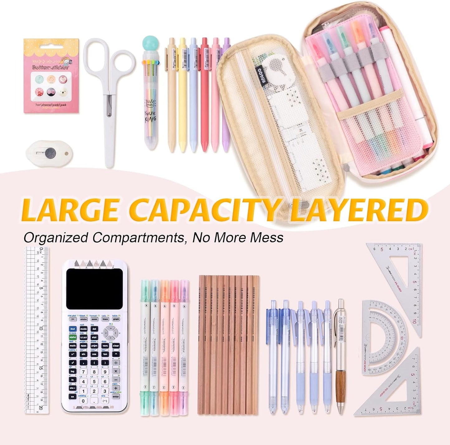 EASTHILL Big Capacity Pencil Pen Case Office College School Large Storage High Capacity Bag Pouch Holder Box Organizer Blue (Pink)