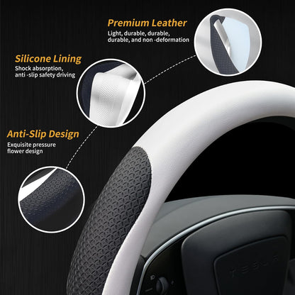 Uxcer Nappa Leather Steering Wheel Cover Compatible with Tesla Model 3/Y 2016-2025 2026 Juniper/Highland, Non-Slip Breathable Tesla Model 3/Y Steering Wheel Protector, White