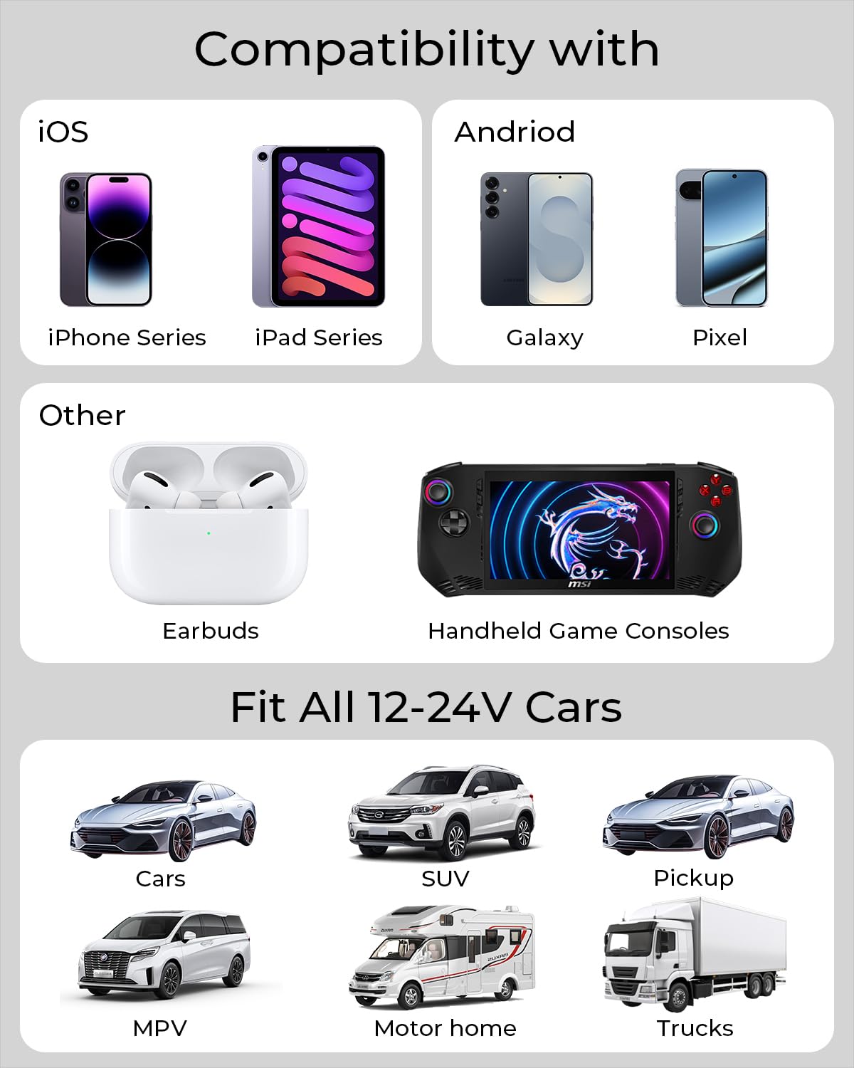 Retractable Car Charger, 4-in-1 Fast Charger with USB-C & USB-A