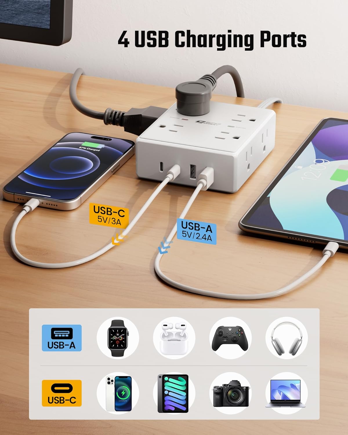 SUPERDANNY Extension Cord,Flat Plug Surge Protector Power Strip,6Ft