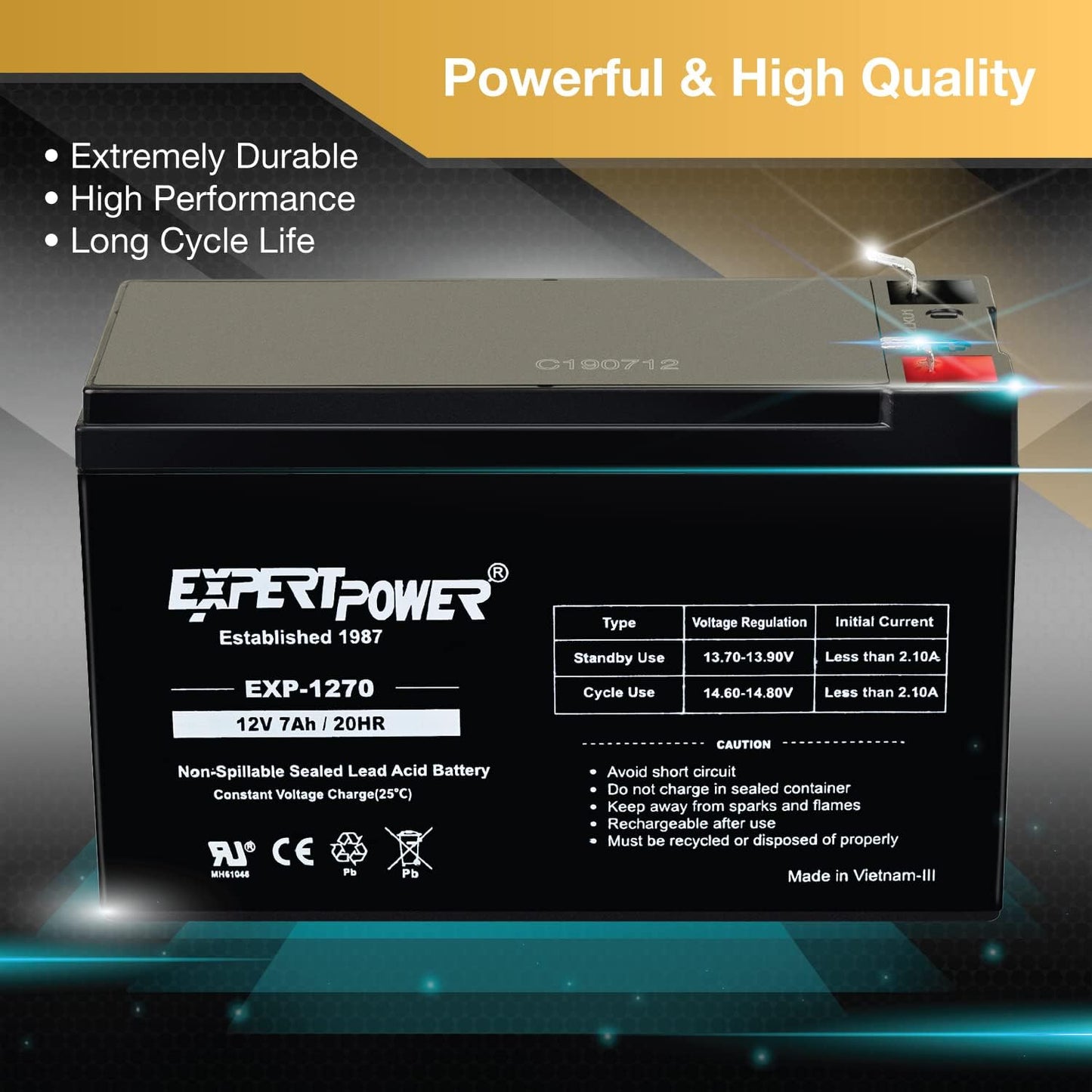 ExpertPower EXP1270, 12V 7Ah Battery SLA Rechargeable with F1 Terminals