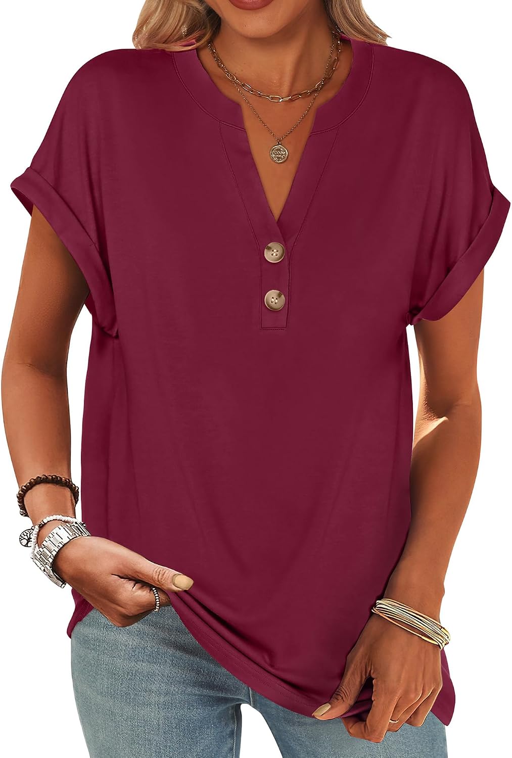 ANRABESS Womens Short Sleeve Henley Tops Summer Shirts Dressy Casual Blouse