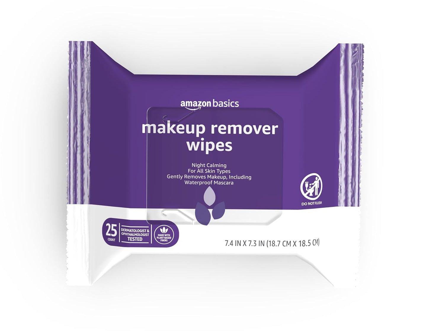 Amazon Basics Makeup Remover Wipes, Fragrance-Free, Alcohol-Free, Gentle Cleansing, Plant-Based, Dermatologist Tested, Removes Waterproof Mascara, Resealable, 25 Count, 1-Pack