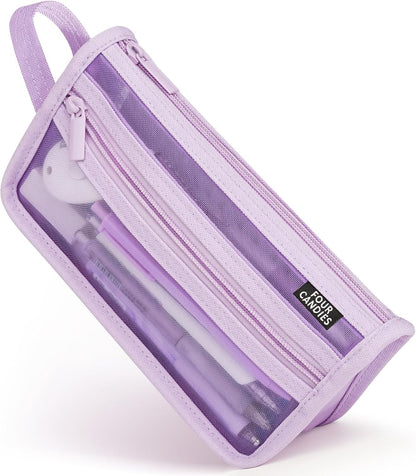 Four Candies Grid Mesh Pencil Case, Clear Double-layer with Handle (Purple)