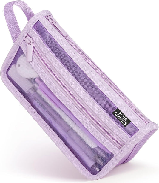 Four Candies Grid Mesh Pencil Case, Clear Double-layer with Handle (Purple)