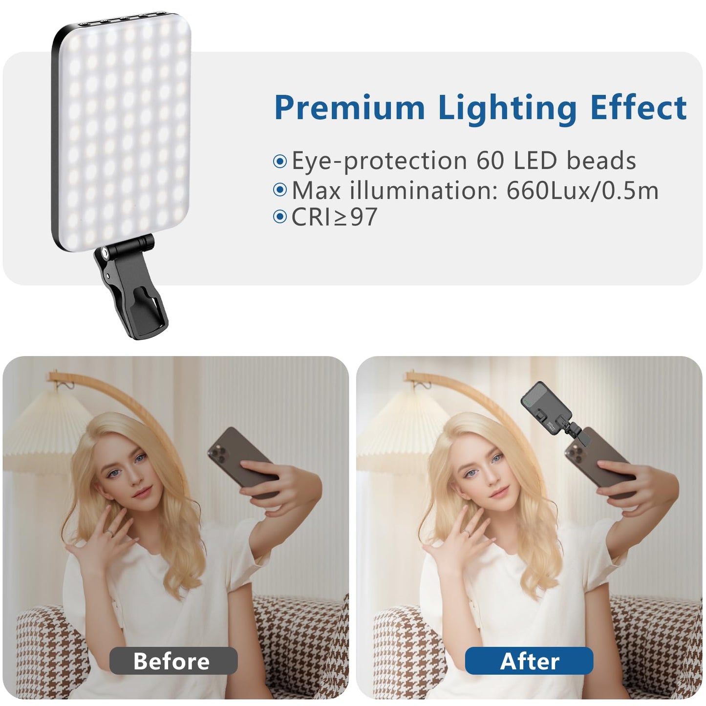 ALTSON 60 LED Portable Selfie Light Video Conference Lighting with Clip & Camera Tripod Adapter Rechargeable 2200mAh CRI 97+, 9 Light Modes for Phone iPhone Webcam Laptop Photo Makeup