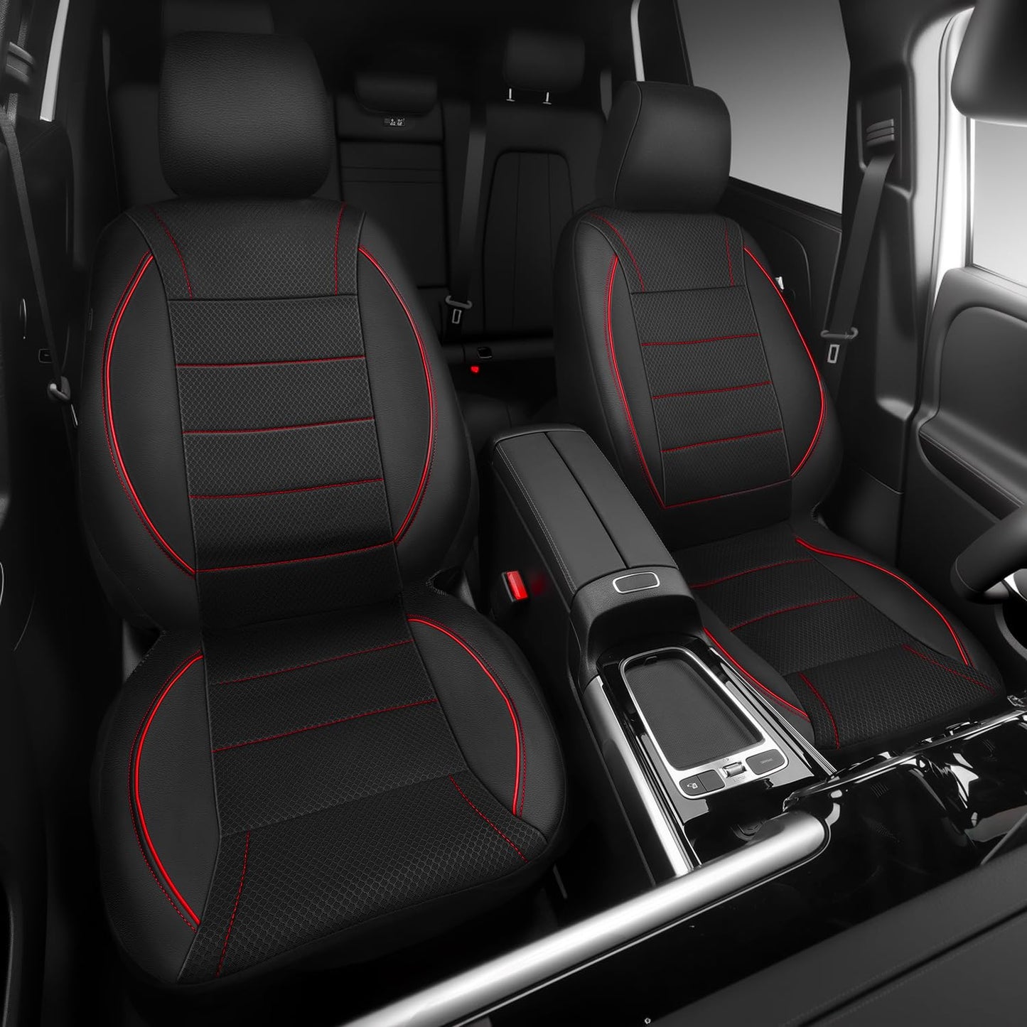 CAR PASS Universal FIT Piping Leather Car Seat Cover, for suvs,Van,Trucks,Airbag Compatible,Inside Zipper Design and Reserved Opening Holes (Full Set, Black and Red)