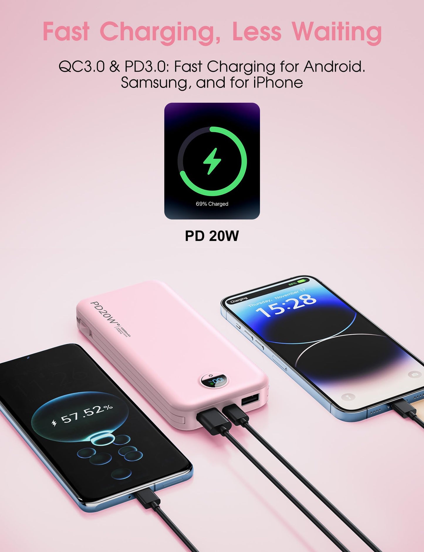 citicr Portable Charger 10000mAh PD20W w/Built-in Cables & Wall Plug White