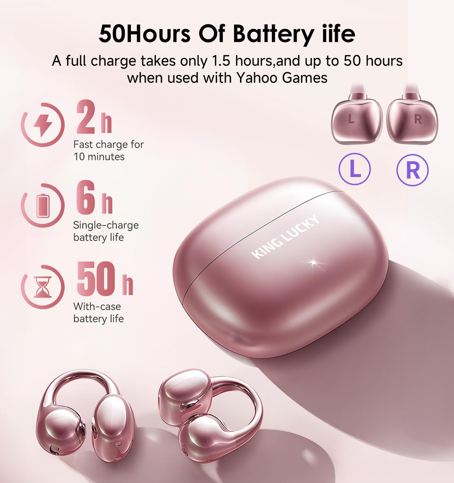King Lucky Clip-On Earbuds Gen 3, Open-Ear Wireless Bluetooth 6.0 Headphones with Mic, Secure Fit for Small Ears & Glasses Wearers, 50H Playtime, ENC, IPX5 Waterproof Sport Ear Buds (Purple)