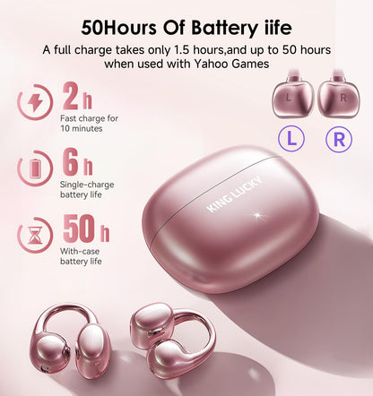 King Lucky Clip-On Earbuds Gen 3, Open-Ear Wireless Bluetooth 6.0 Headphones with Mic, Secure Fit for Small Ears & Glasses Wearers, 50H Playtime, ENC, IPX5 Waterproof Sport Ear Buds (Purple)