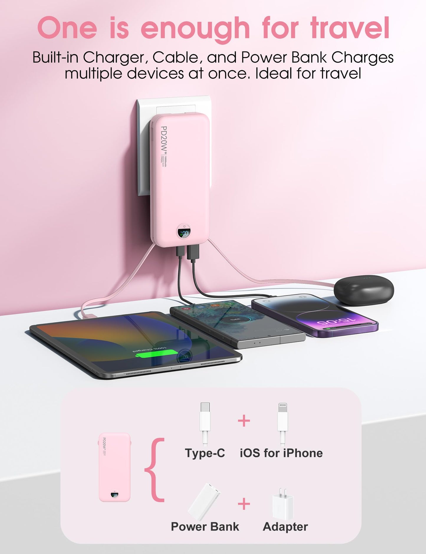 citicr Portable Charger 10000mAh PD20W w/Built-in Cables & Wall Plug White